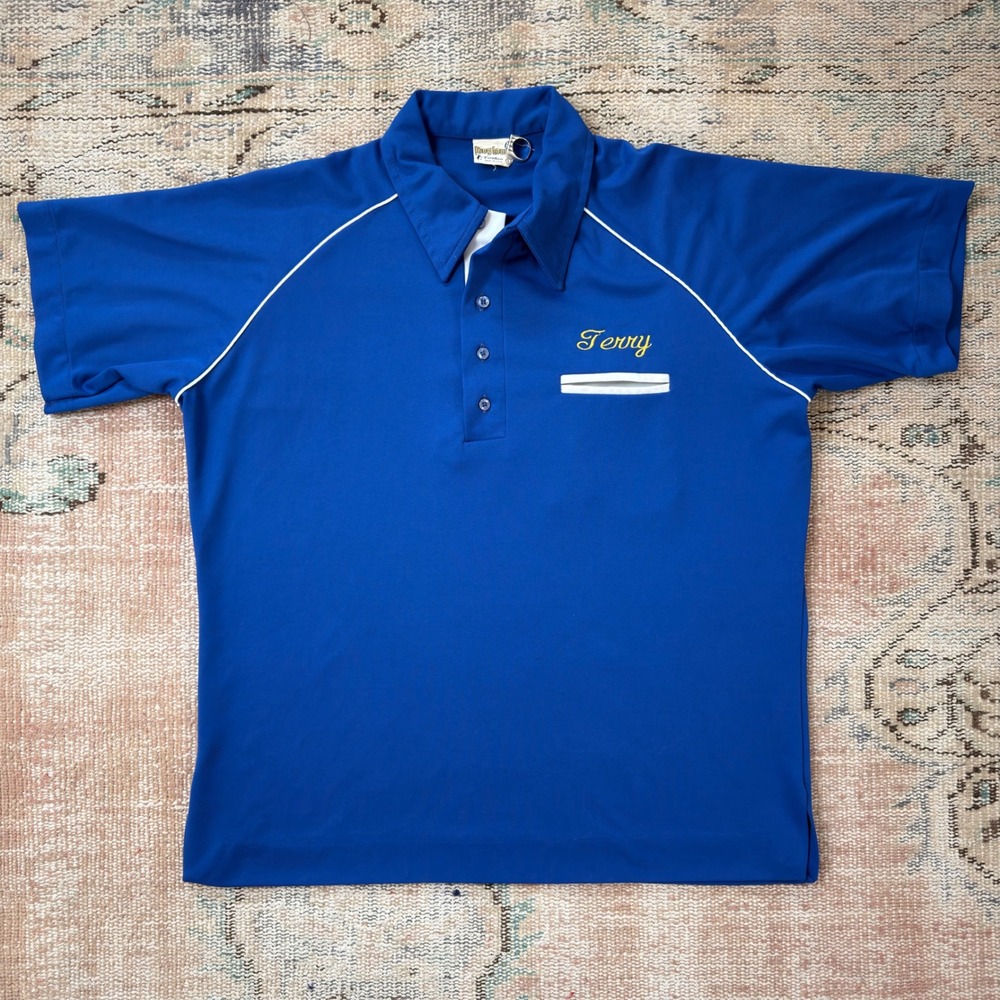 Vintage King Louie Bowling Shirt Blue Dakes Restaurant Terry Mens Large USA Made